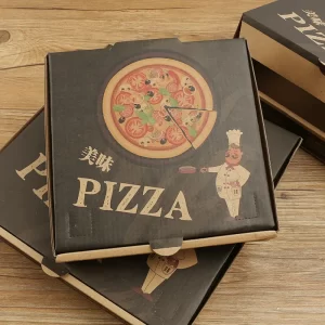 brown pizza box with colorful design